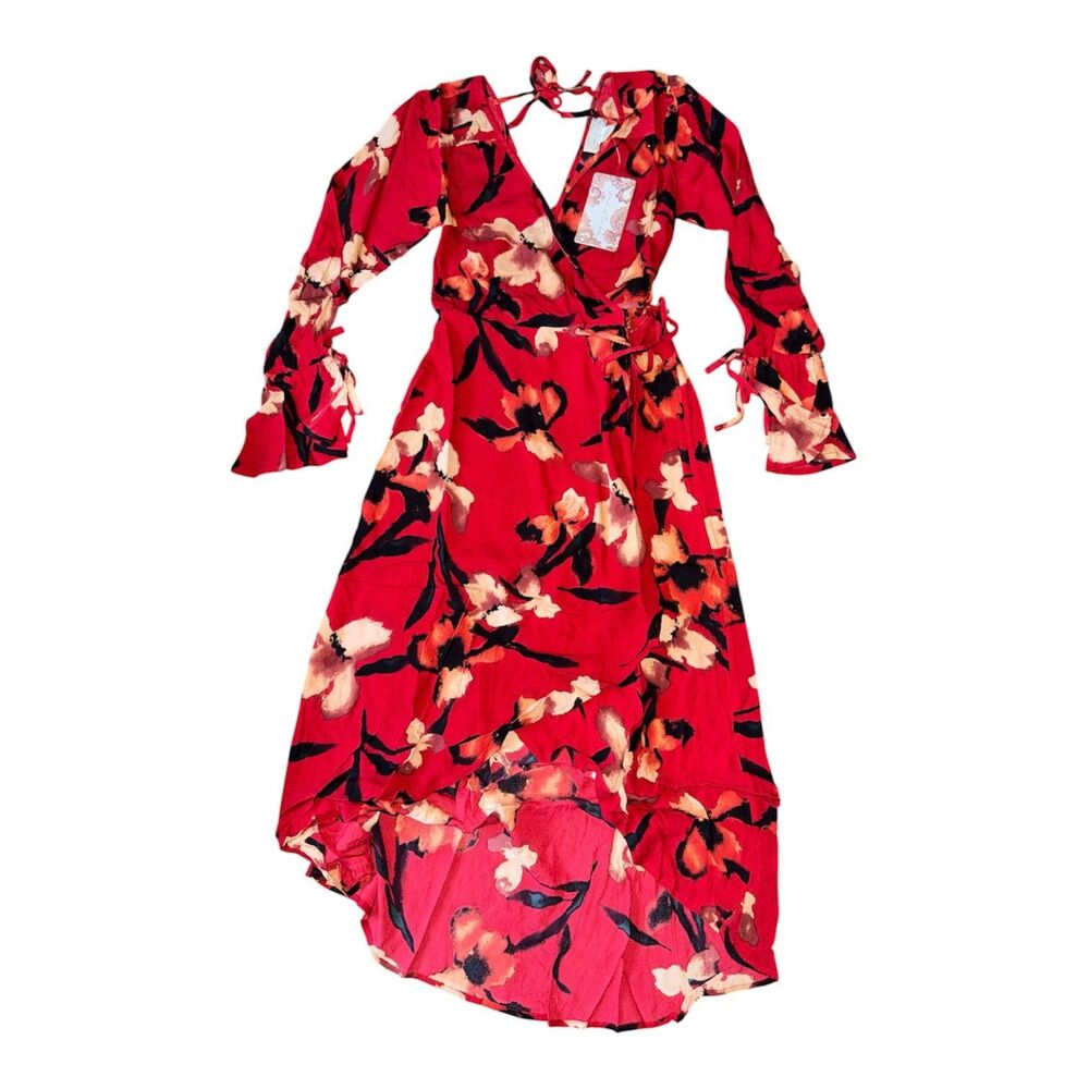 Band of the Free Red Gold Polly Floral High Low Wrap Dress Size Small Boho NWT